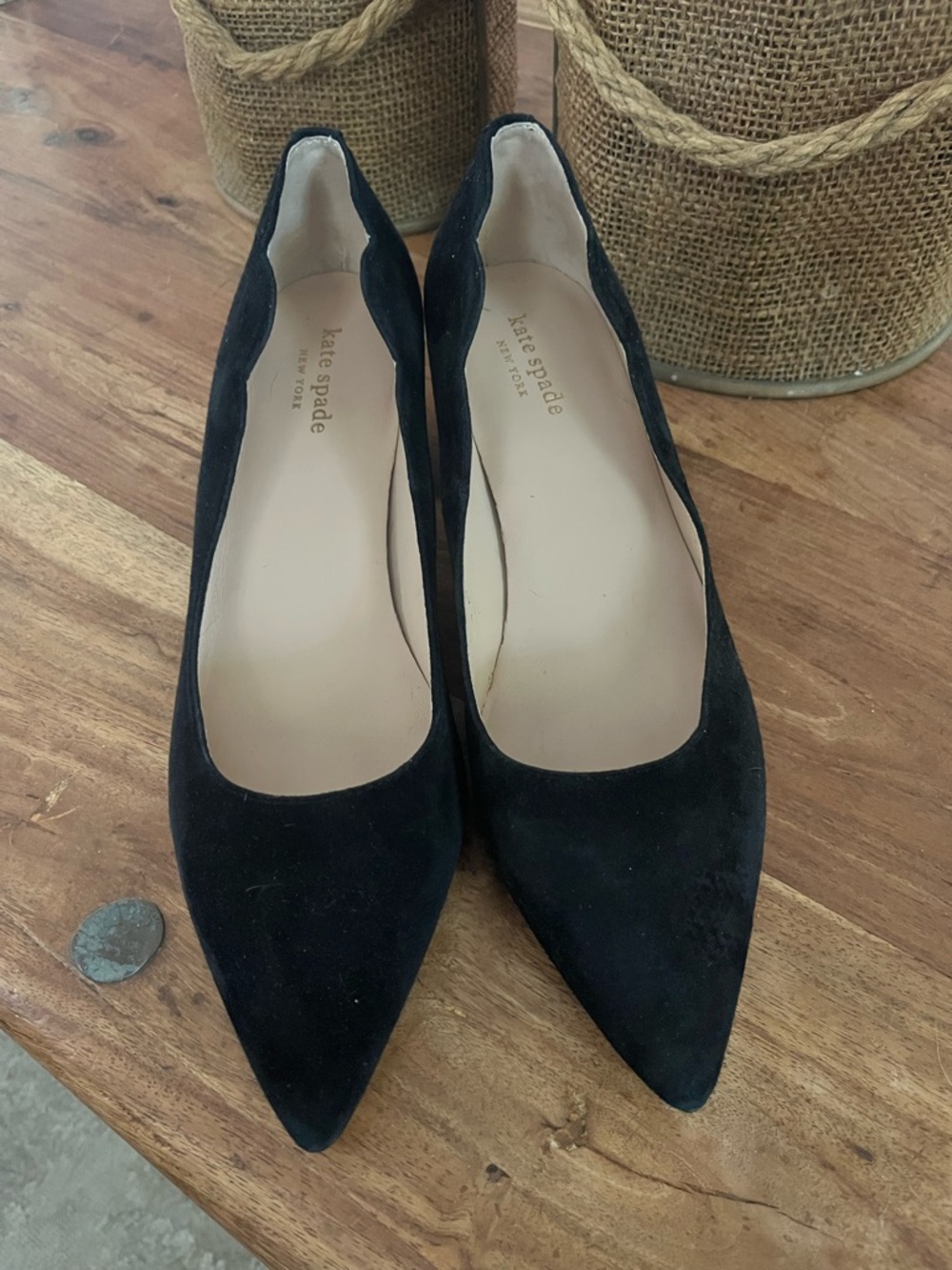 kate spade Yasmin Black Pointed-Toe Suede square heel shoes